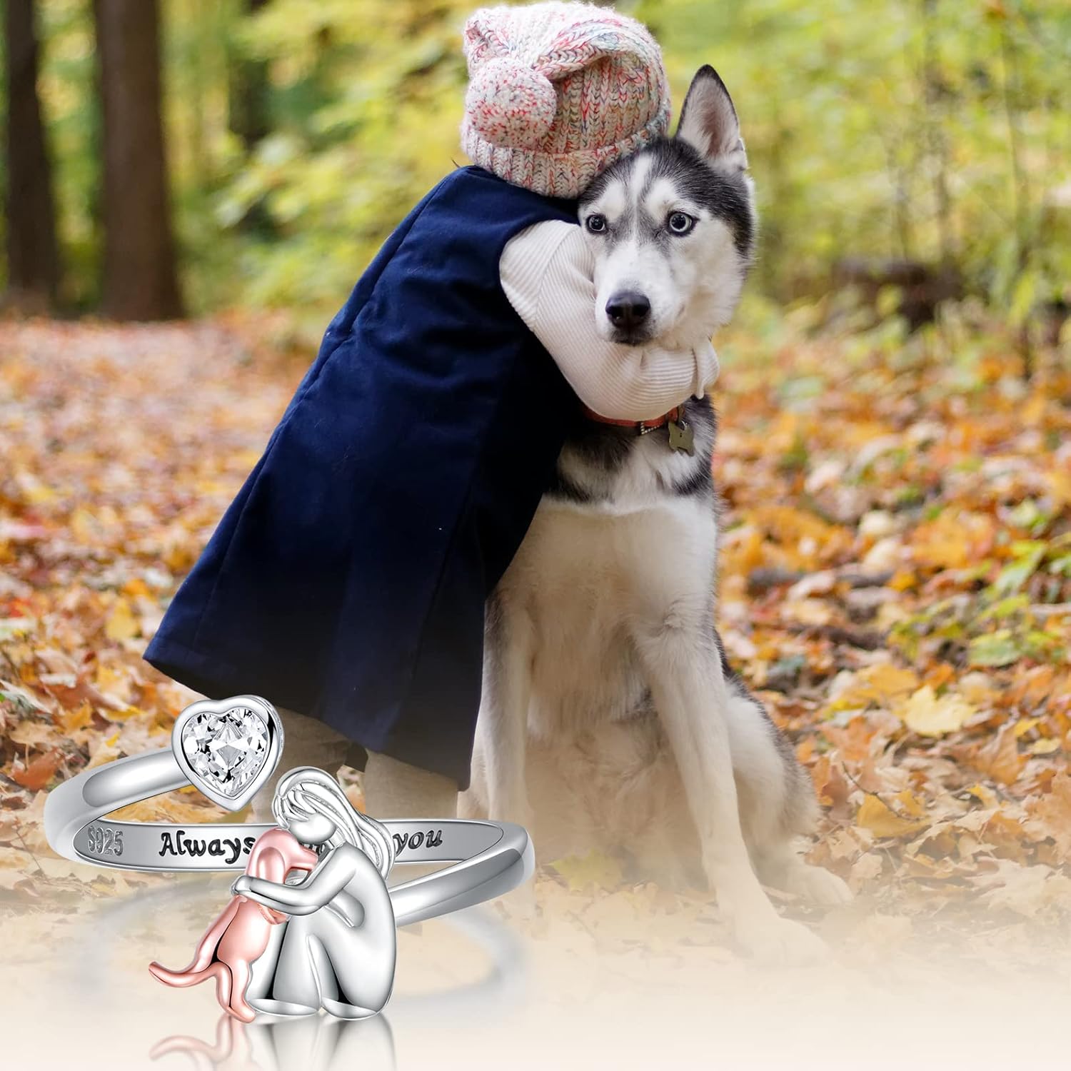 Bague ajustable pour chien en argent sterling 925 toujours dans mon cœur avec zirconia