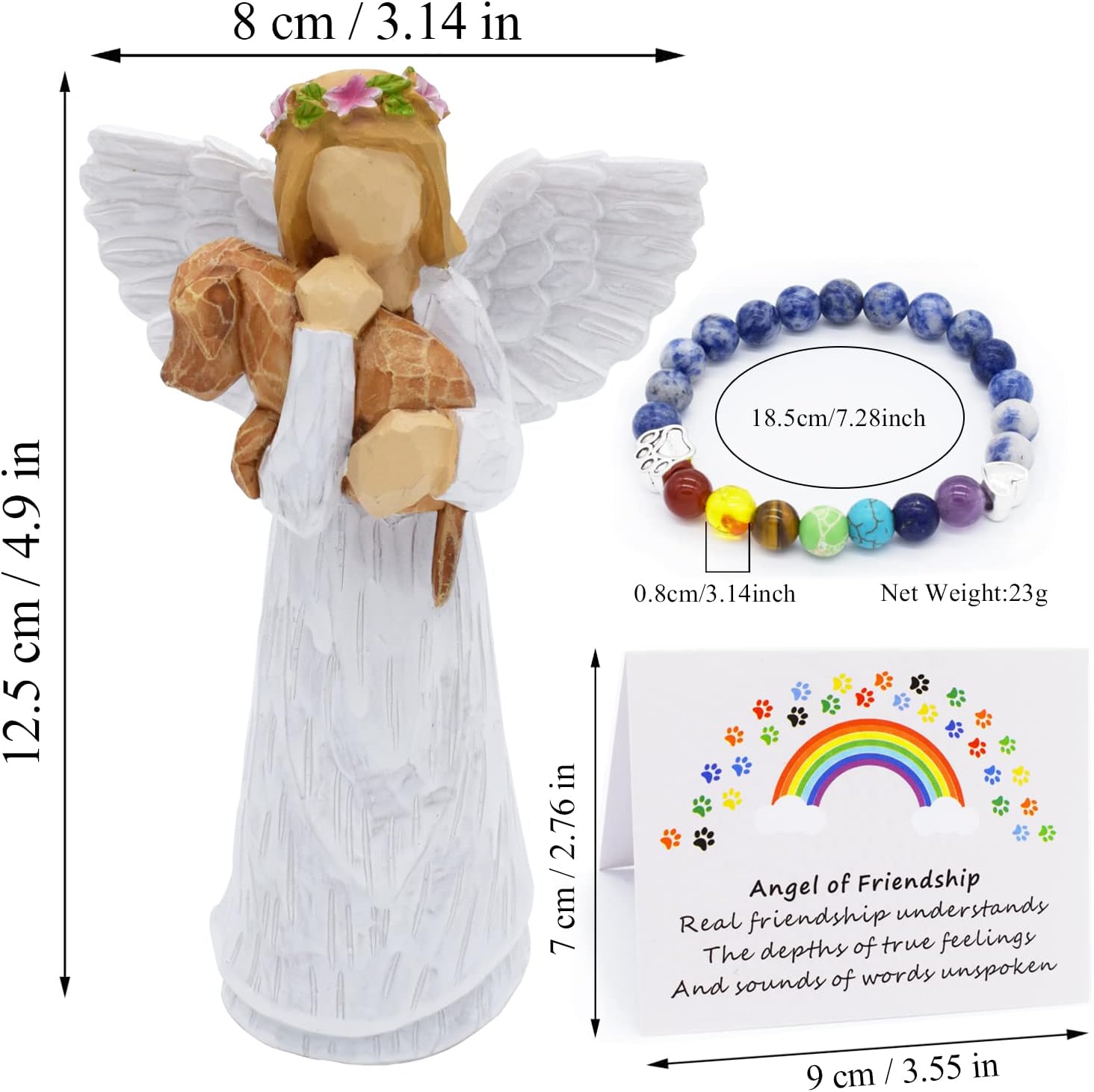 Coffret cadeau souvenir de chien avec figurine d'ange de l'amitié et bracelet chakra avec pont arc-en-ciel