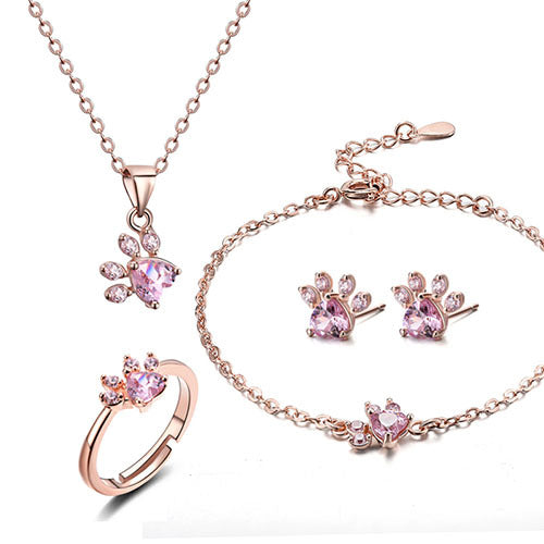 Ensemble de bijoux en or rose – 4 pièces bague en zircon, collier, boucles d'oreilles, bracelet