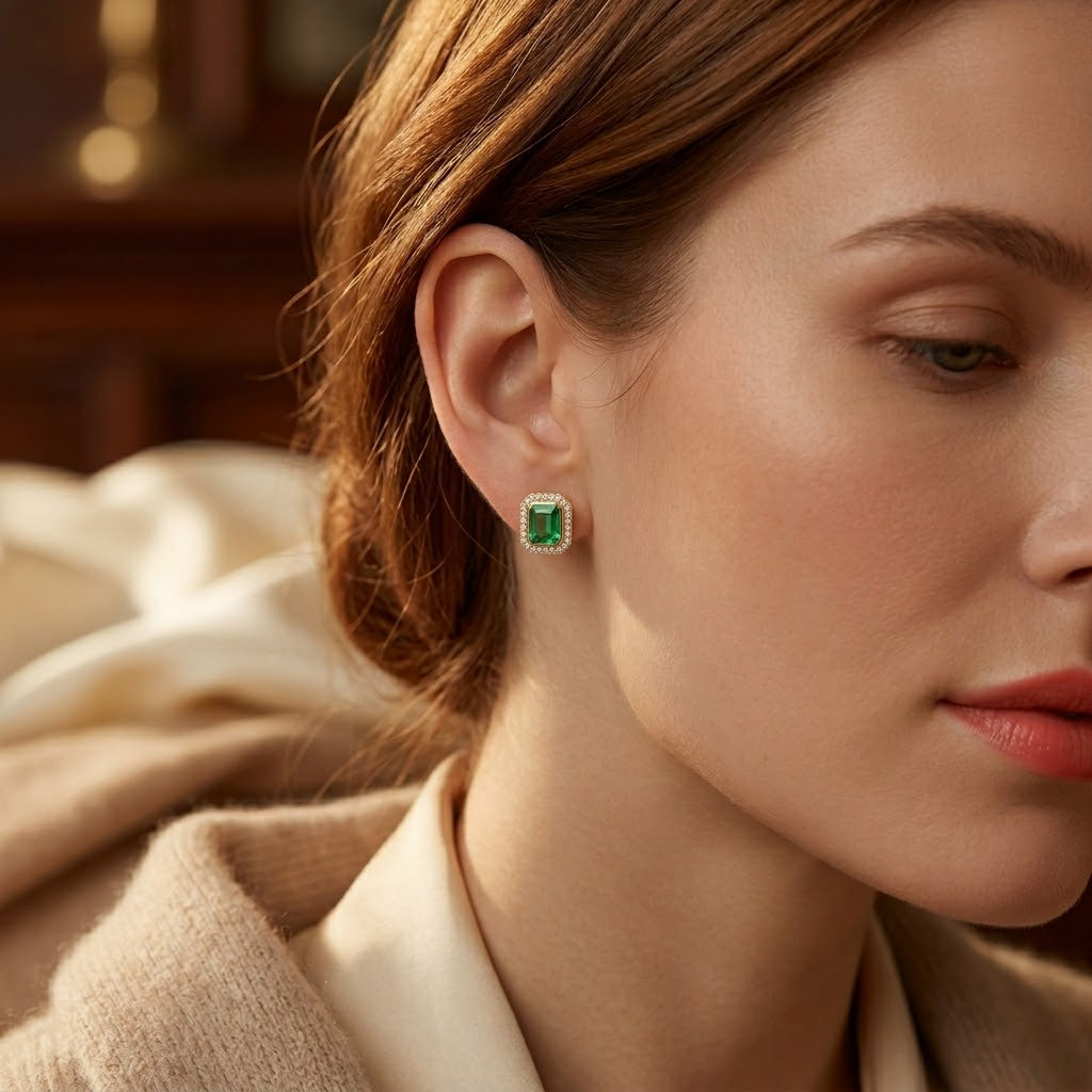 Boucles d'Oreilles Puces Émeraude Carré Halo en Or