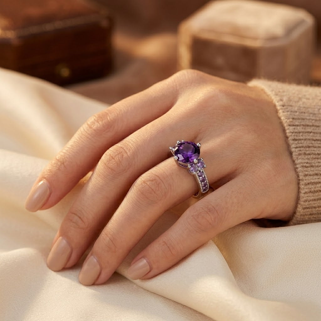 Bague Améthyste Pierre Latérale en Argent