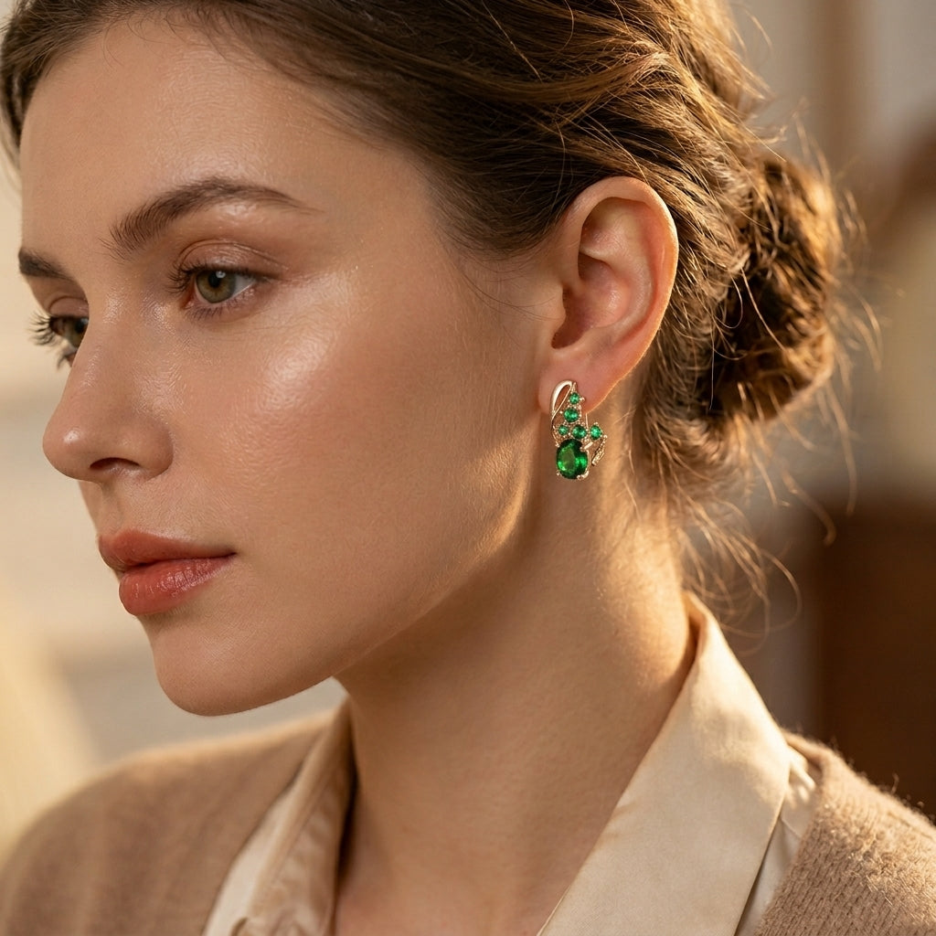 Boucles d'Oreilles Pendantes Émeraude Grappe en Or