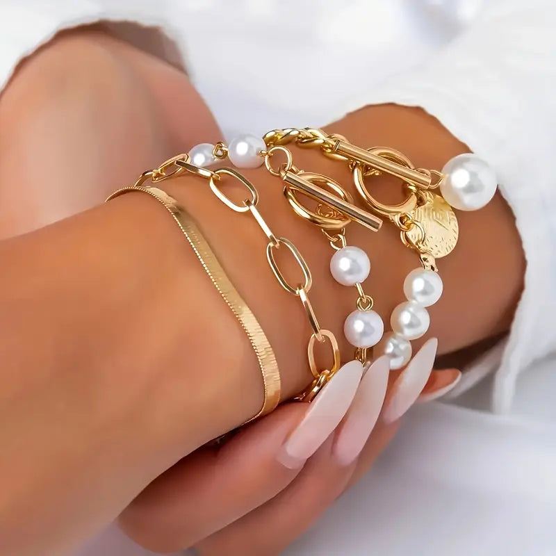 Ensemble chic de 4 bracelets dorés – serpent, perles et mailles | Or