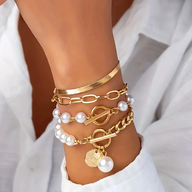 Ensemble chic de 4 bracelets dorés – serpent, perles et mailles | Or