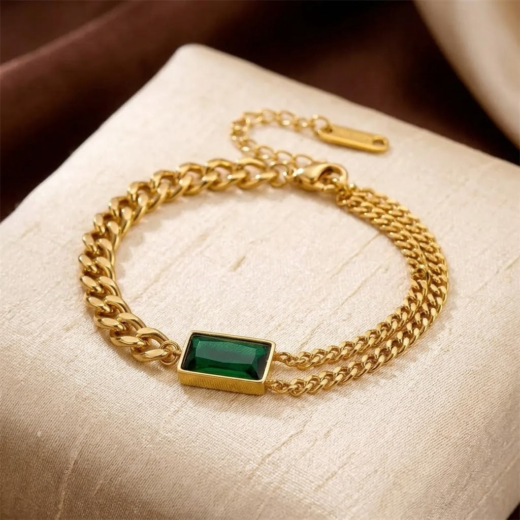 Bracelet Chaîne Émeraude Barre en Or