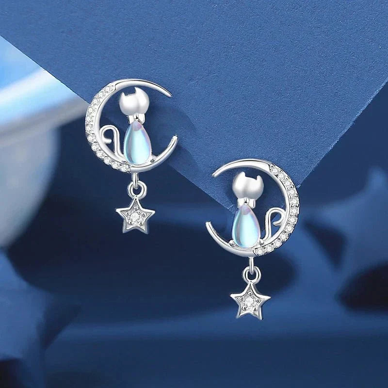Boucles d'oreilles en argent sterling 925 avec lune et étoile, chat, ornées de zircon