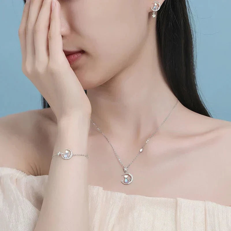 Boucles d'oreilles en argent sterling 925 avec lune et étoile, chat, ornées de zircon