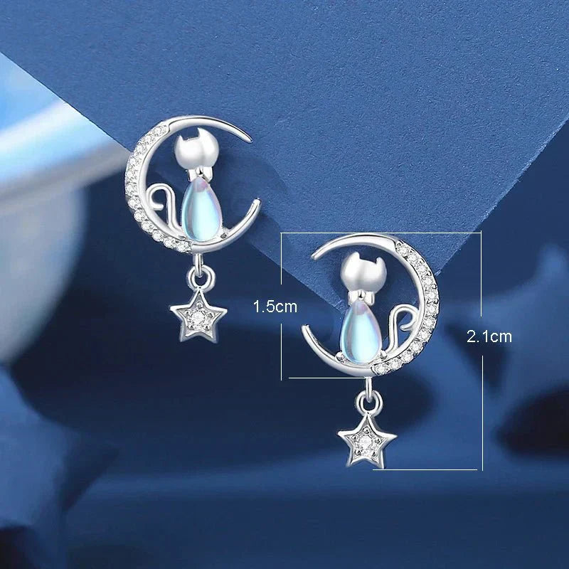 Boucles d'oreilles en argent sterling 925 avec lune et étoile, chat, ornées de zircon