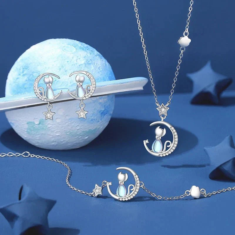 Boucles d'oreilles en argent sterling 925 avec lune et étoile, chat, ornées de zircon