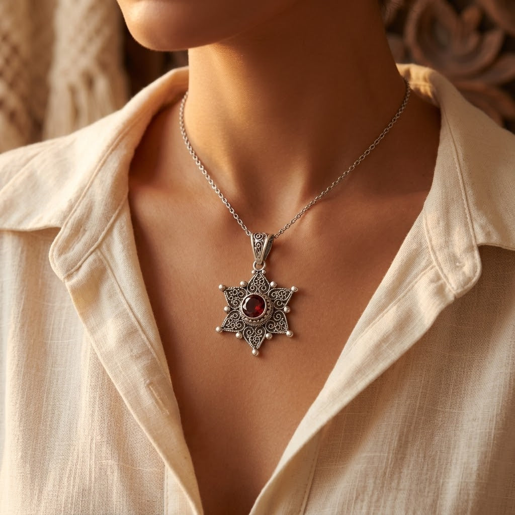 Collier Pendentif Rubis Étoile en Argent