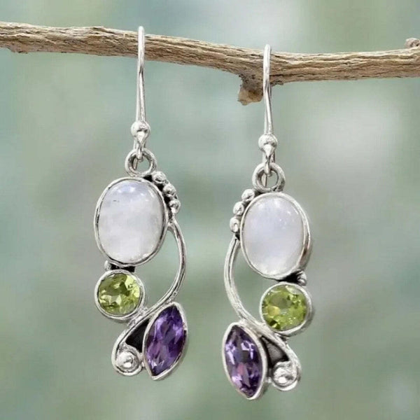 Boucles d'oreilles Cascade en Ametiste et Péridot en Pierre de Lune