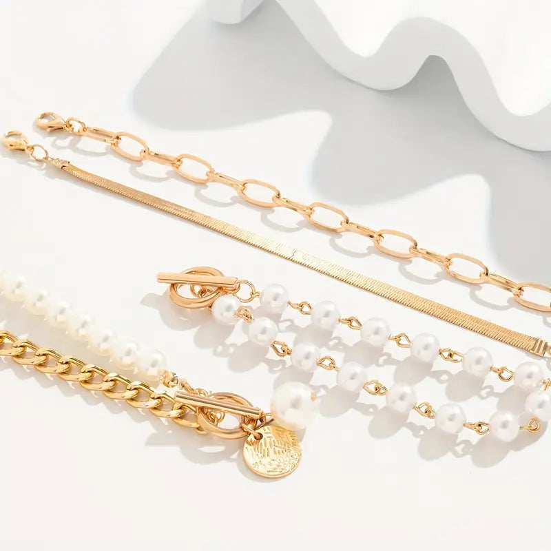 Ensemble chic de 4 bracelets dorés – serpent, perles et mailles | Or