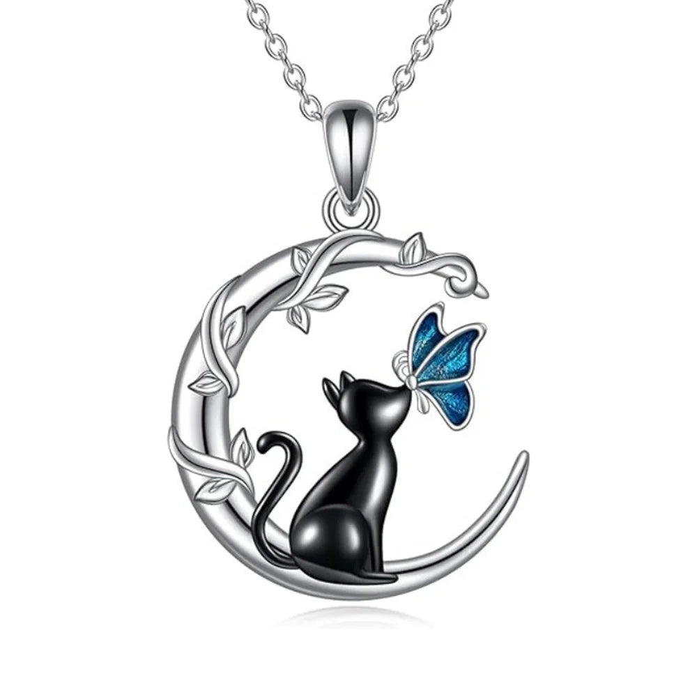 Collier pendentif cristal papillon chat lune