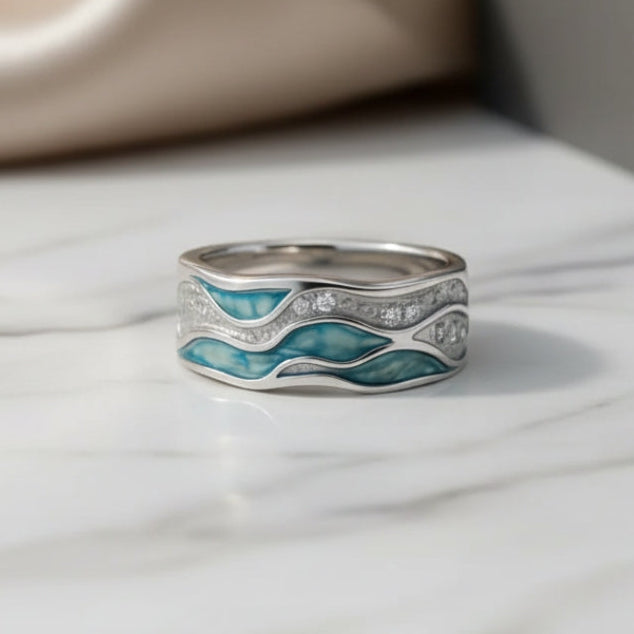 Chloe | Bague vagues argentées turquoise