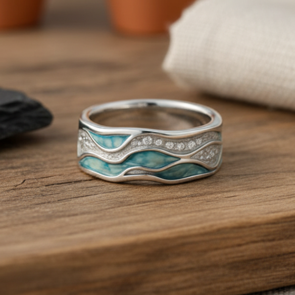 Chloe | Bague vagues argentées turquoise