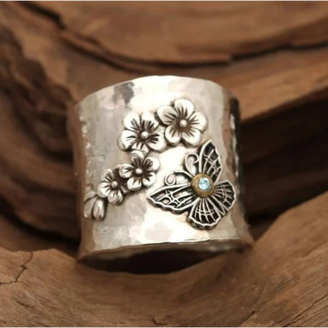 Bague large en ruban avec fleur de abeille et papillon