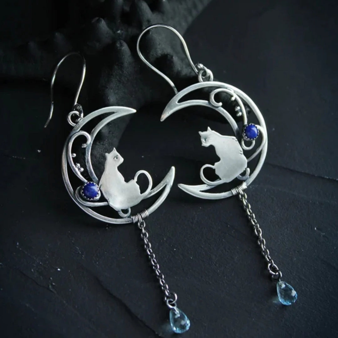 Boucles d'oreilles boho en argent sterling avec chat en zircon bleu