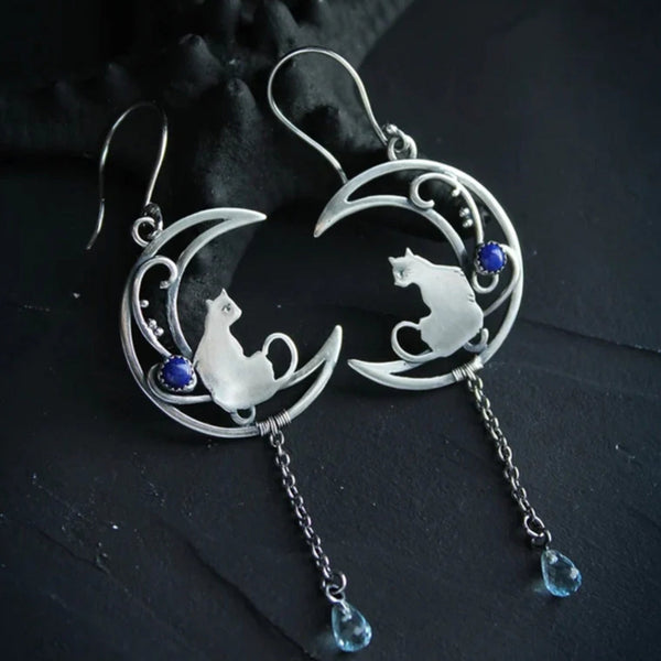 Boucles d'oreilles boho en argent sterling avec chat en zircon bleu