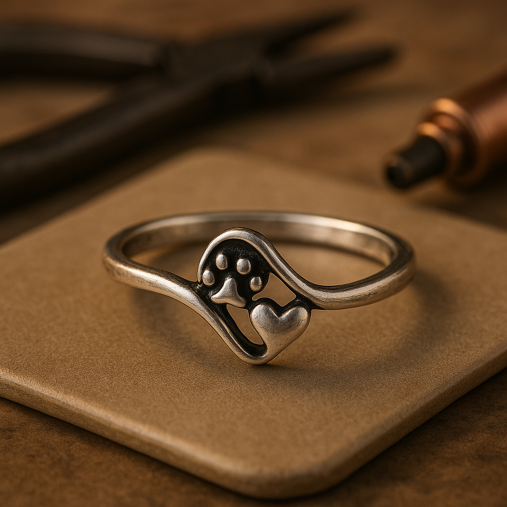 Bague vintage en argent sterling avec une patte et un cœur