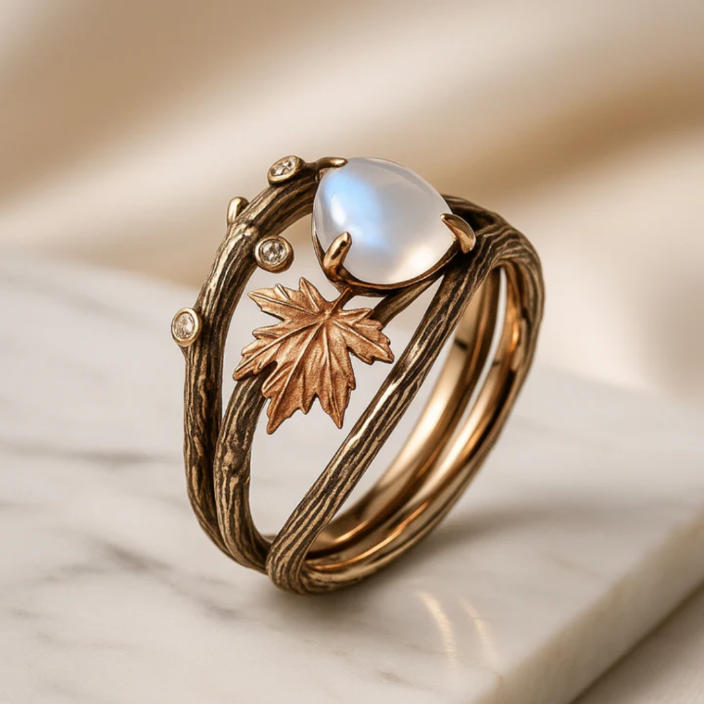 Bague pierre de lune feuilles dorées
