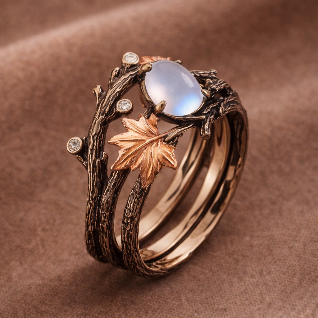 Bague pierre de lune feuilles dorées
