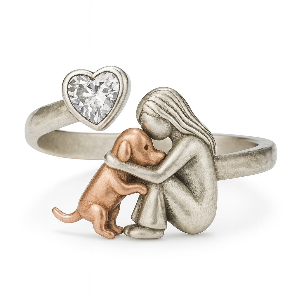 Bague pour chien en argent sterling 925 faite à la main avec un zircon en forme de cœur et une taille ajustable