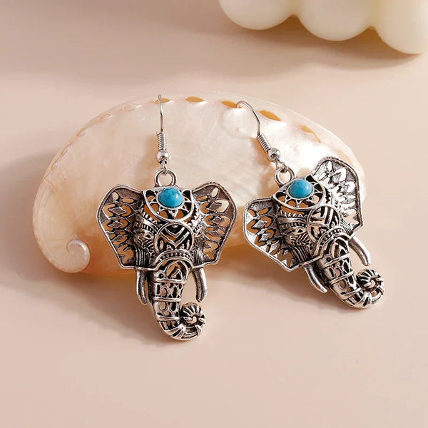 Boucles d'oreilles pendentif éléphant vintage en argent bohème