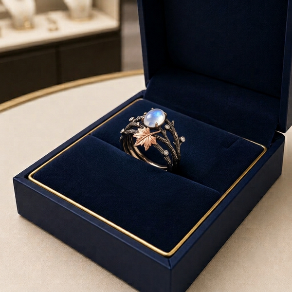 Bague pierre de lune feuilles dorées