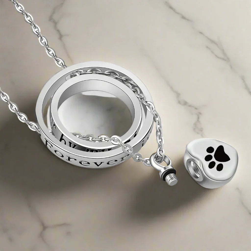 Et encore à mes côtés pour toujours, dans mon cœur, collier en acier inoxydable avec urne funéraire en forme de patte