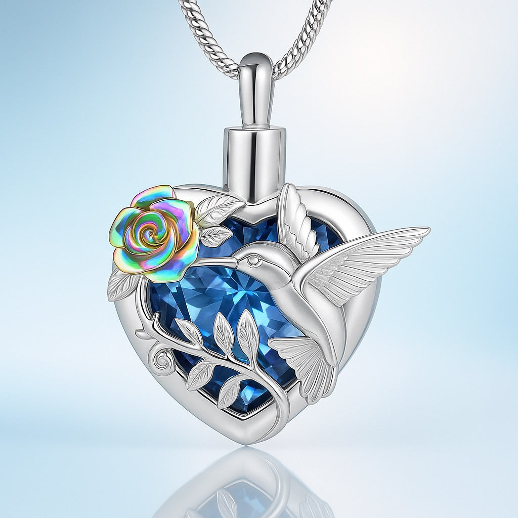 Collier en forme de cœur de colibri en urne funéraire