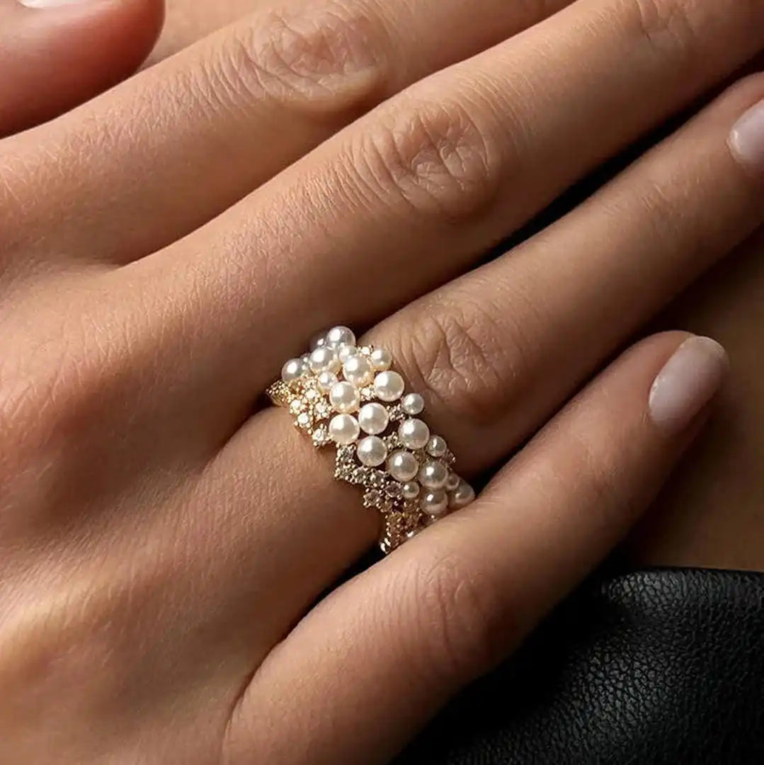 Bague vintage ajustable en perles et zircon