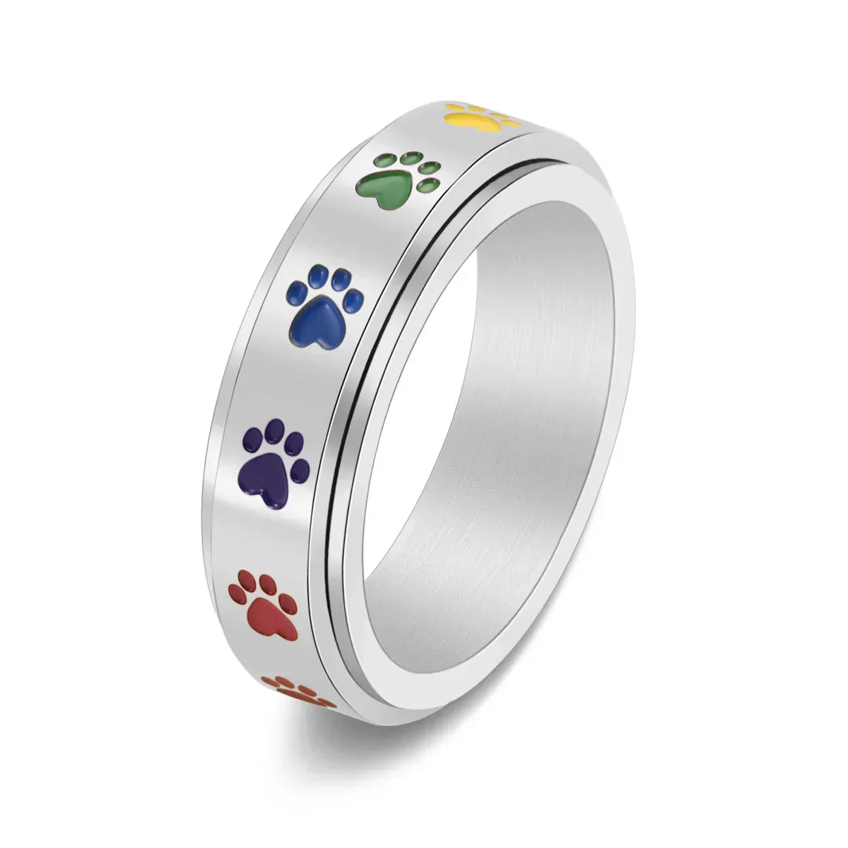 Bague en acier inoxydable en forme de patte anti-stress avec des pattes arc-en-ciel