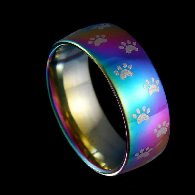 Bague en acier inoxydable en forme d'empreinte de patte arc-en-ciel faite à la main