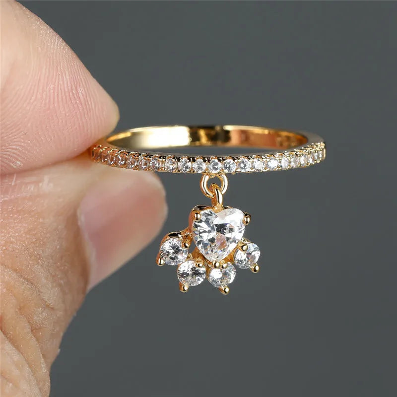 Bague vintage chat patte et cœur en pierre – doré et argenté
