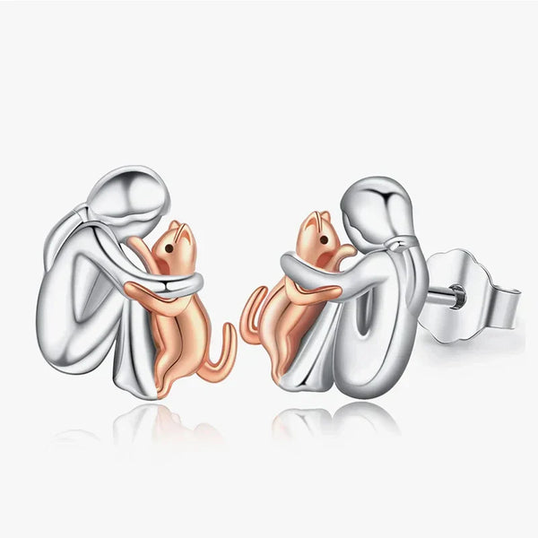 Boucles d'oreilles en forme de chat bicolores argent et or