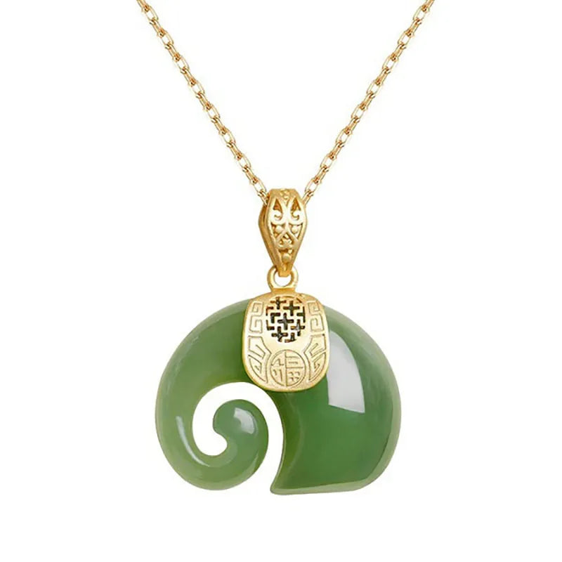 Collier pendentif éléphant en jade Hetian – Chaîne plaquée or 18K pour femmes