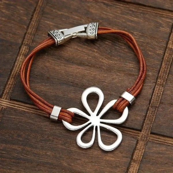 Bracelet en cuir classique Fleur Argentée