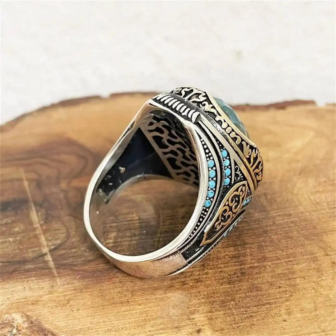 Bague en Zirconium Bleu Argent Antique
