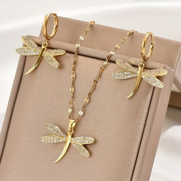 Collier en libellule dorée avec boucles d'oreilles bonus