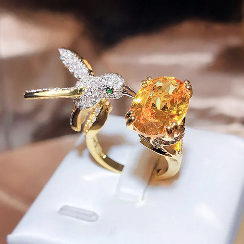 Bague ajustable colibri en pierre précieuse – zirconium plaqué or 14K