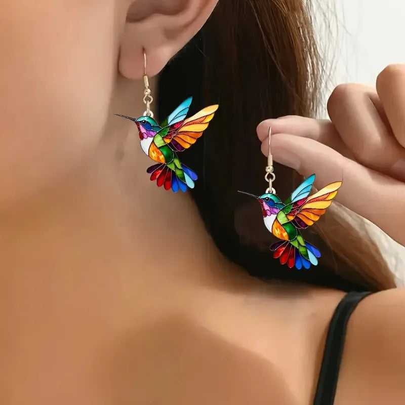 Boucles d'oreilles en acrylique en forme de colibri – design d'oiseau 2D transparent