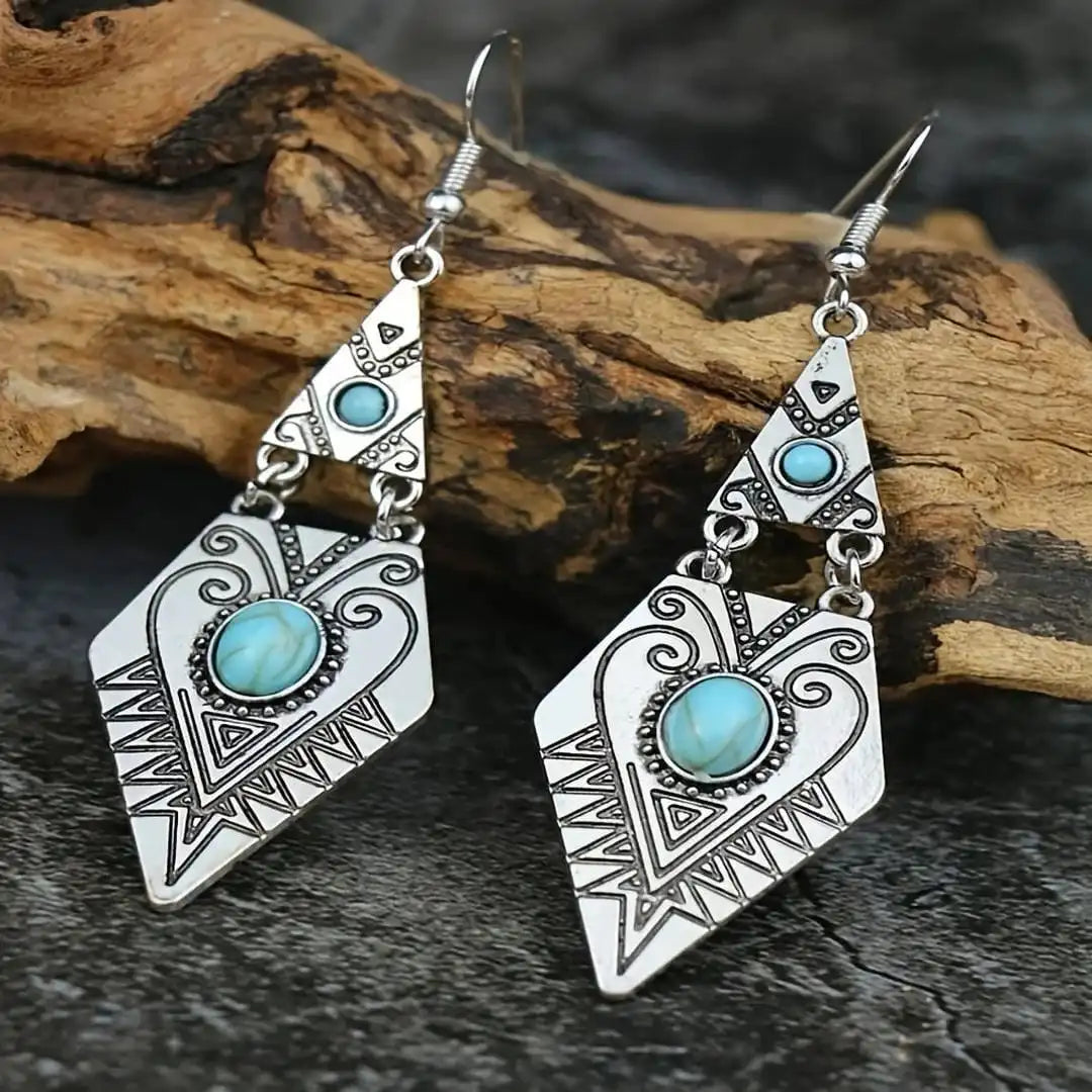 Boucles d'oreilles vintage bohème en losanges turquoise