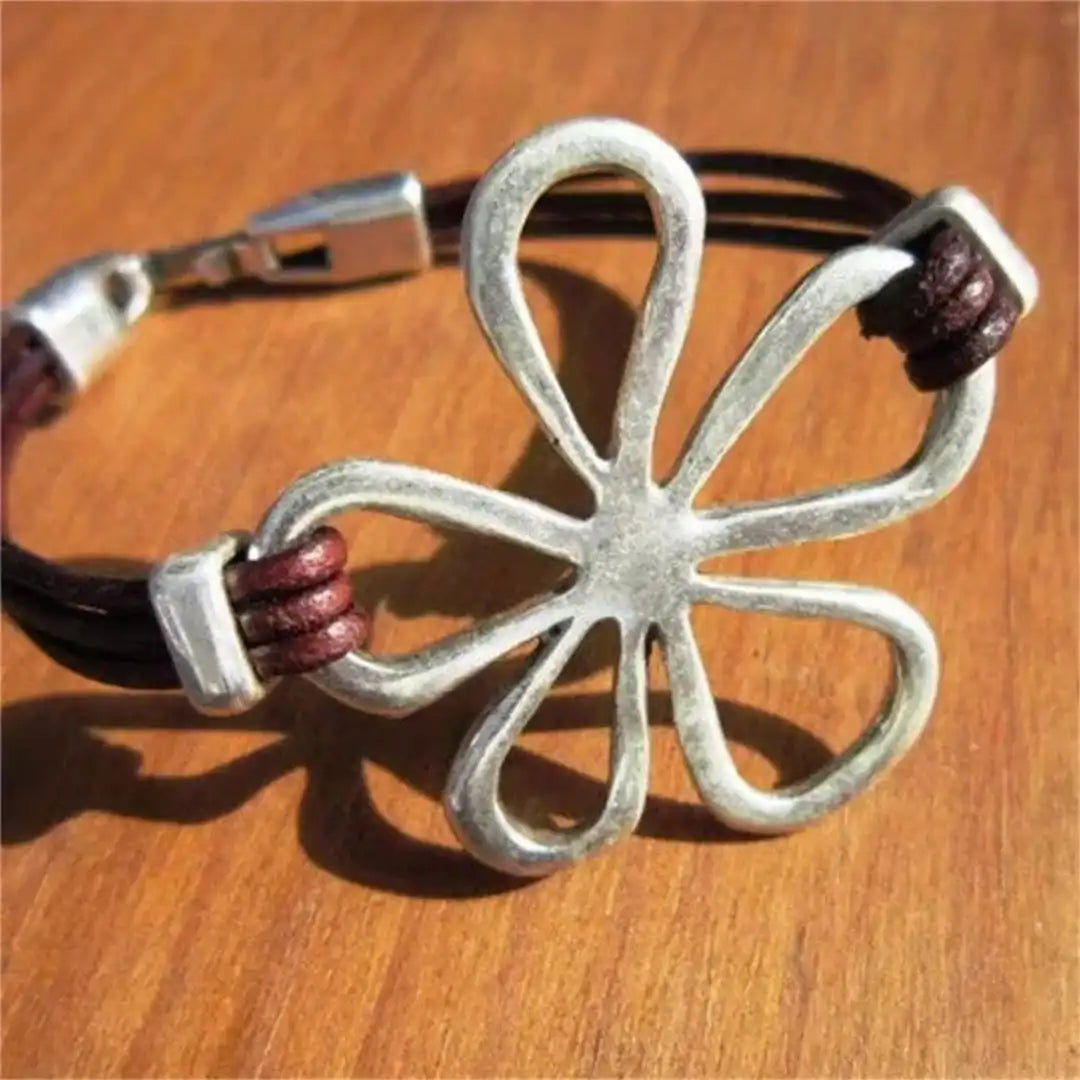 Bracelet en cuir classique Fleur Argentée