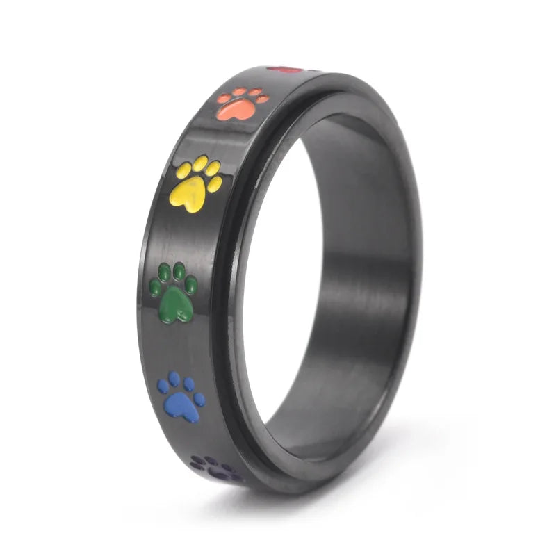 Bague en acier inoxydable en forme de patte anti-stress avec des pattes arc-en-ciel