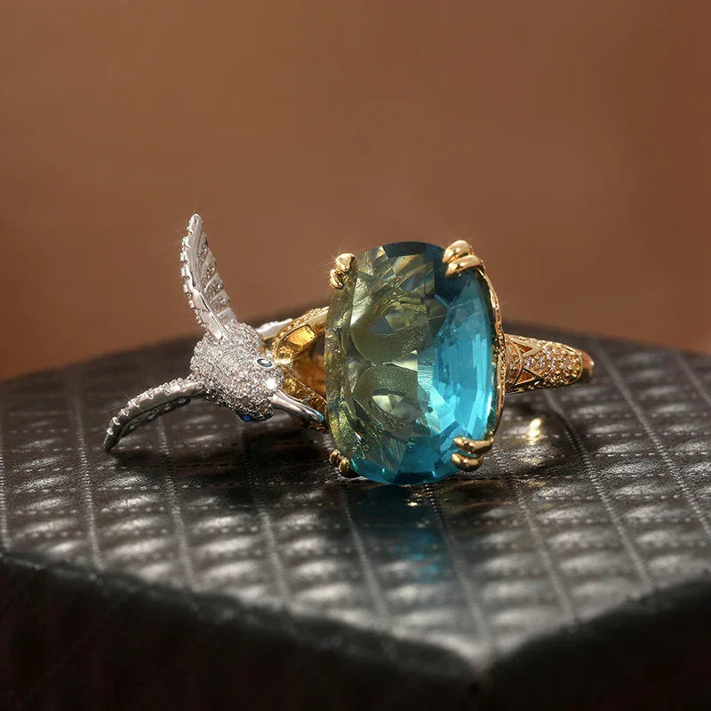 Bague colibri aquamarine ajustable – plaqué or 14K