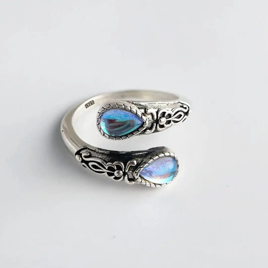 Bague Vintage Ajustable en Argent avec Pierre Bleue