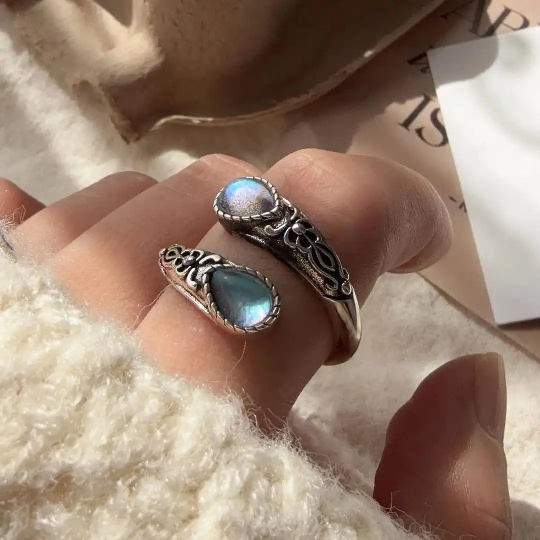 Bague Vintage Ajustable en Argent avec Pierre Bleue