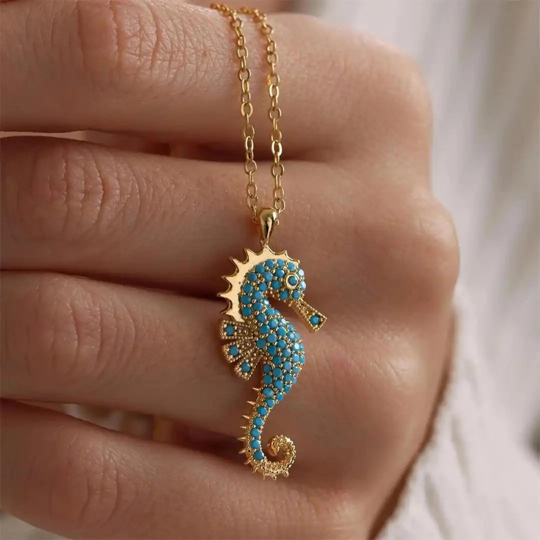 Collier pendentif Hippocampe doré turquoise