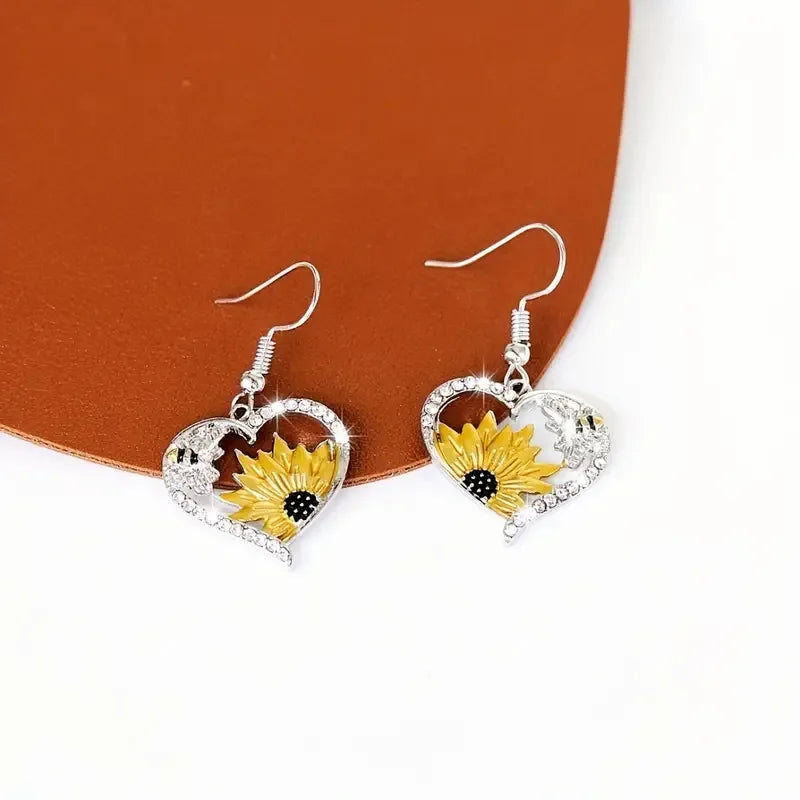 Boucles d'oreilles pendentif vintage boho en forme de cœur avec tournesol et abeille
