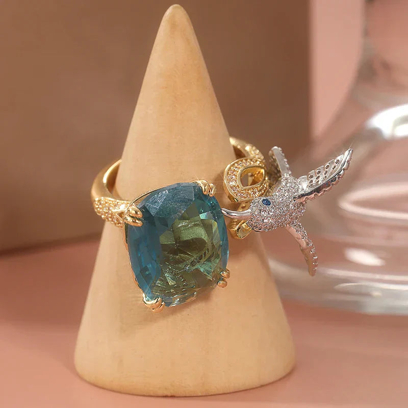 Bague colibri aquamarine ajustable – plaqué or 14K